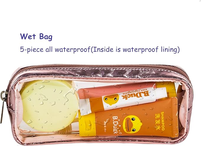 TSA Approved 5-Piece Diaper Bag Organizer Pouch Set Clear Waterproof TPU Kids Toiletry Storage Set Travel Packing Clutch Cube Bags for Baby Nursing(Gose gold leather)