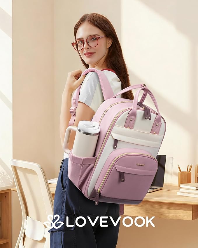LOVEVOOK Laptop Backpack for Women with Giant Tumbler Holder Pocket,17.3 inch School College Bookbag Nurse Teacher Backpack,Work Travel Backpack Purse Laptop Computer Bag,Pink-Off-white-Light pink