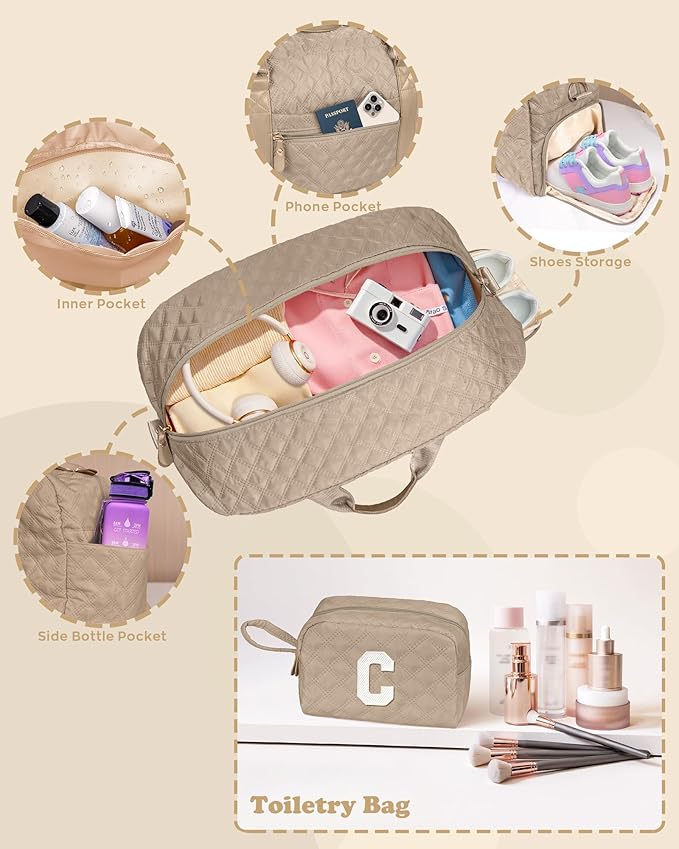 Initial Travel Duffle Bag Women Girls Gift: Personalized Weekender bags, Dance Cheer bag Sports for Girl, Kid Gymnastics Bags, Birthday Gifts for Women Girls Kids Teens Mom Teacher