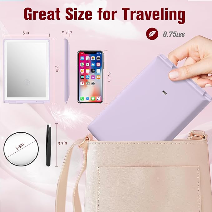 Travel Makeup Mirror with Lights Valentines Day Gifts for Her, Girlfriend, Wife, Birthday Gifts Rechargeable Portable Folding Compact LED Mirror Set with Tweezer 3 Color Light Modes-Purple