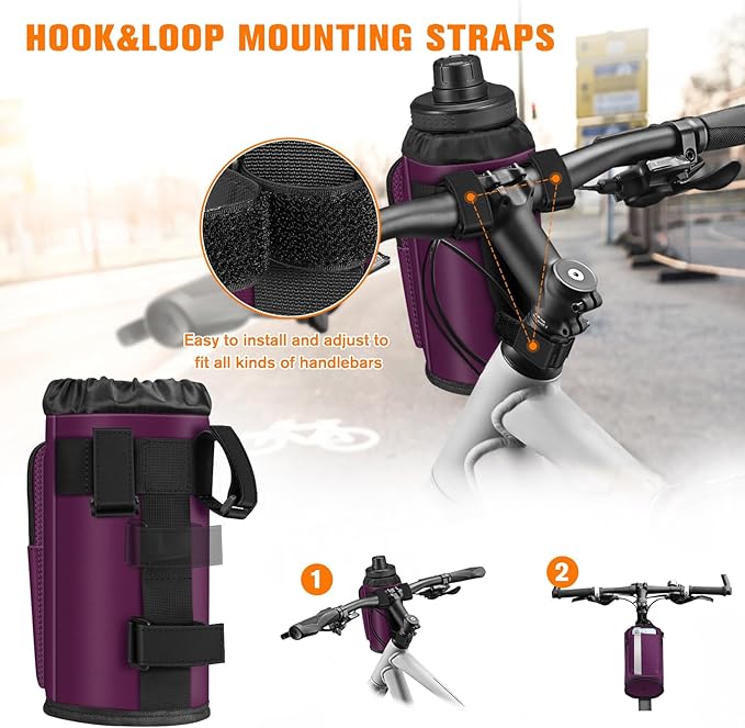 FINPAC Cup Holder for Bike, Universal Water Bottle Holder with Phone Pockets for Stroller Walker Golf Cart Rollator and Scooter, Outdoor, Biking - Purple
