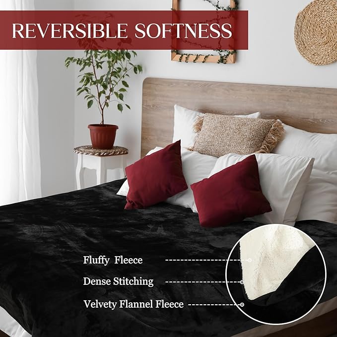 Waterproof Blanket and Stain Proof, Queen Size 80'' x 60'' Double Side Leakproof Reversible Sherpa Flannel Fleece 3 Layer Lightweight Black Blanket, Absorbs 50oz
