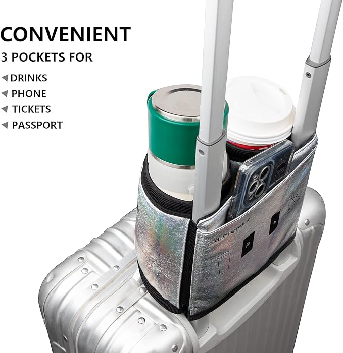 riemot Luggage Travel Cup Holder Free Hand Drink Carrier - Hold Two Coffee Mugs - Fits Roll on Suitcase Handles - Gifts for Flight Attendants Travelers Accessories Glitter Silver