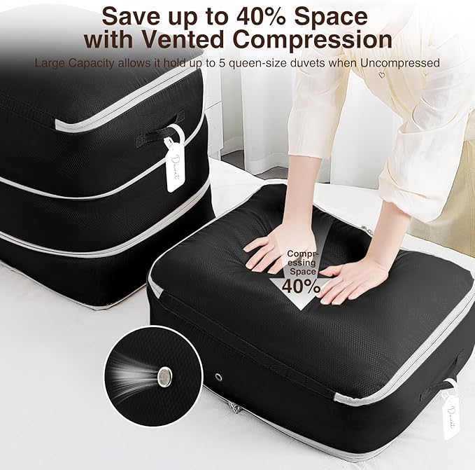 2 Pack Compression Storage Bags - 110L Large Capacity Comforter Storage Bag, 3-Layer Washable Ultra Space Saving Self Compression Organizer Space Bags for Blanket, Sweater, Sheet, Black
