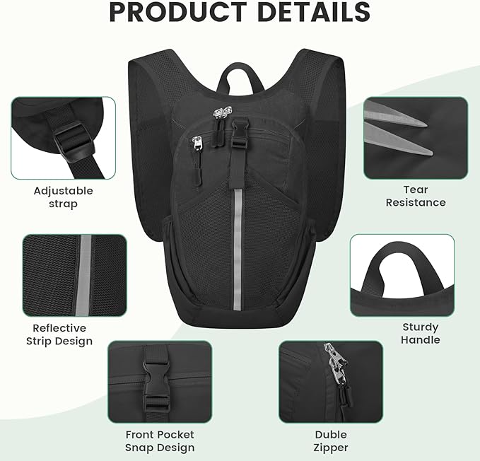 Small Hiking Backpack 10L-Lightweight Packable Foldable Backpack for Travel Camping Outdoor Commute,Compact Rucksack for Women Men(Black)