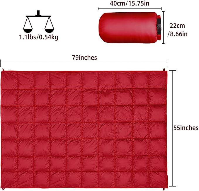 Outdoor Puffy Camping Blanket, Lightweight Down Alternative Puffy Printed Camping Large Ultra Warm Hammock Top Quilt Waterproof Blanket for Traveling Picnic Beach Party Cold Weather (Red)