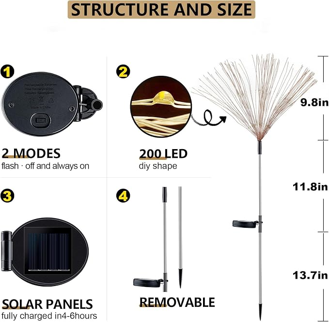4-Pack Solar Firework Lights for Outside Waterproof Garden Fairy Lights | Adjustable 32"-51" tall, 200 LED stainless steel stake starburst lights with 8 modes for pathway patio decorations.