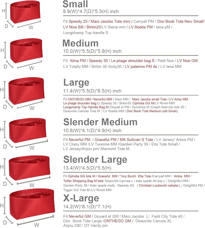 ZTUJO Purse Organizer Insert For Handbags, Silk Purse Organizer with Zipper, Silky Smooth, Bag Organizer For Speedy Neverfull Tote,onthego,Artsy, 6 Sizes(Large, Silky Red)