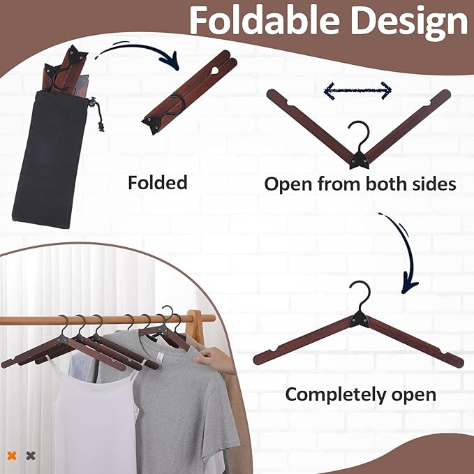 Edergoo Foldable Hangers 8 Pack, Wooden Travel Hangers Foldable for Suitcase, Portable Folding Travel Hanger for Cruise, Collapsible Space Saving RV Hanger for Trip