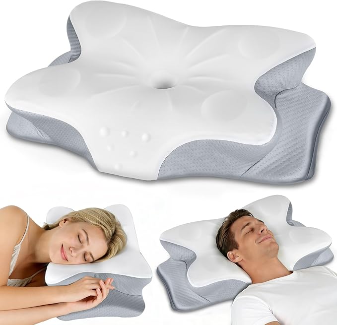 CCidea Cervical Neck Pillows for Sleeping & Pain Relief-Ergonomic Contour Memory Foam for Side/Back/Stomach Sleepers, 2 Heights with ICY Cooling Grey Silk Pillowcase - Gifts for Men & Women
