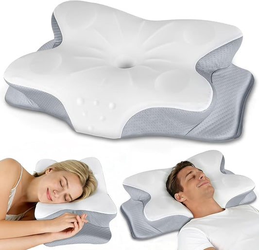 CCidea Cervical Neck Pillows for Sleeping & Pain Relief-Ergonomic Contour Memory Foam for Side/Back/Stomach Sleepers, 2 Heights with ICY Cooling Grey Silk Pillowcase - Gifts for Men & Women
