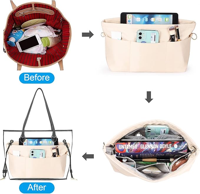 Sightor Nylon Handbag Organizer Insert - Purse Tote Shaper in Bag (Beige, Medium)
