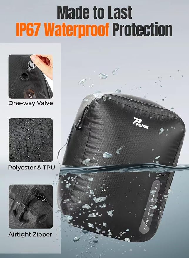 Vacuum Bags for Travel with Wireless Pump, 180° Open Zipper, IP67 Waterproof, Reusable Space Saver Compression Bags for Backpack, Suitcase, Home Storage(3 Pack + Pump)