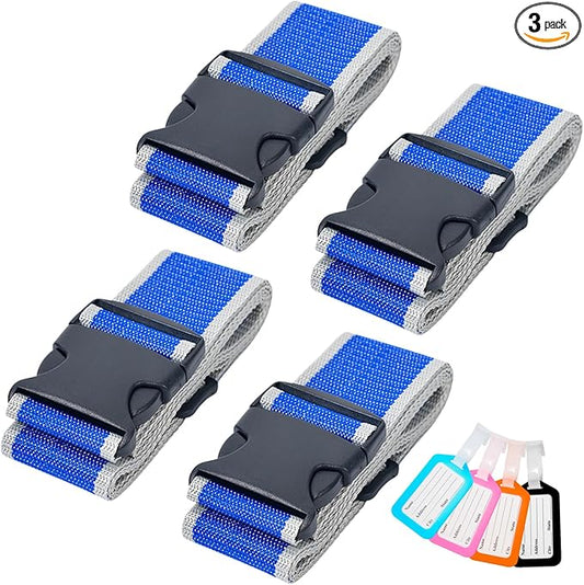 BILIONE 8 Pack Luggage Straps and Tags Set for Suitcase, 4 Vibrant Color Straps and 4 Tags, Premium Suitcase Belts Accessory for Travel (Gray-Blue)