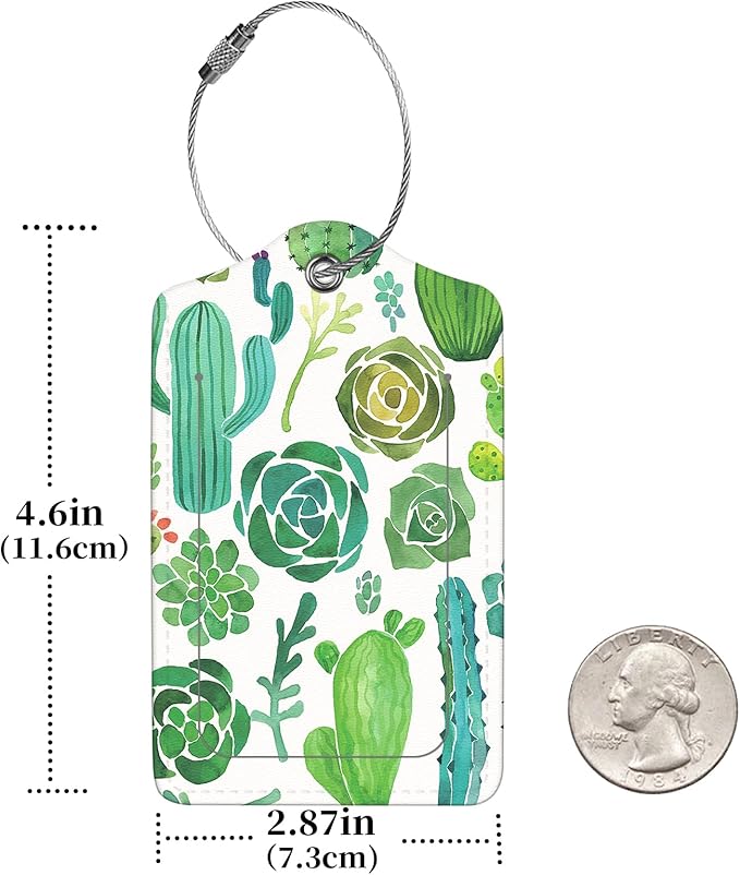2 Pcs Luggage Tags for Suitcase, Cute Unique PU Leather Travel Bag Tag with Privacy Cover ID Label Address Card and Durable Metal Ring Suitable for Men Women Children Backpack,Cacti
