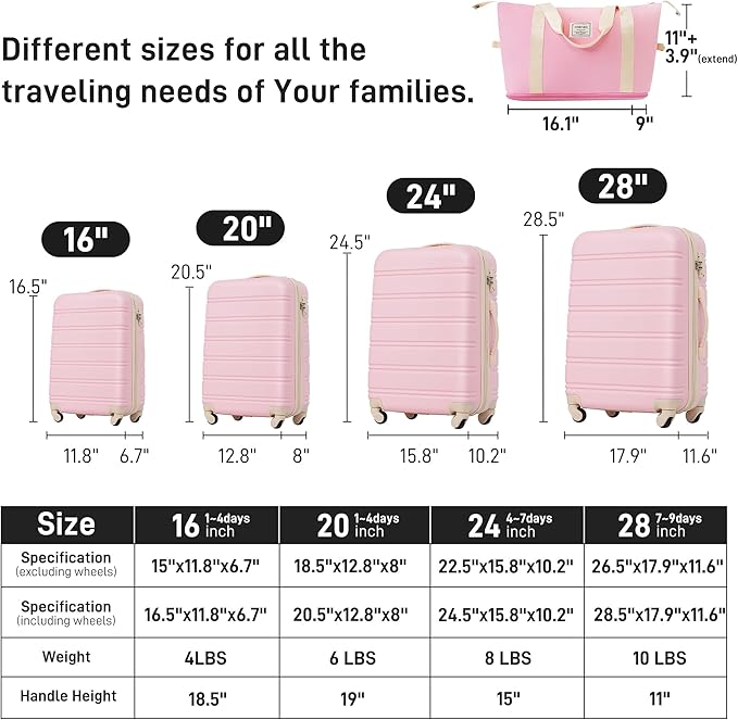 Merax Luggage sets of 13 Piece 16 20 20 28 IN Carry on Luggage Hard Case Light Pink Luggage Expandable Checked Luggage Suitcase Set with Wheels