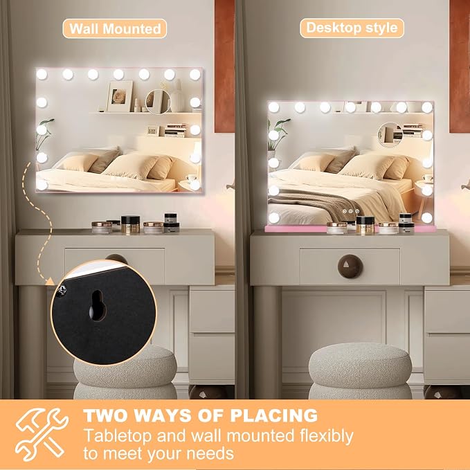 Moonee Vanity Mirror with Lights, Pink Hollywood Lighted Makeup Mirror with 15 Dimmable Bulbs and 10X Magnification, 3 Colors Modes, Aluminum Metal Frame, Light Up Mirror for Tabletop/Wall（23" x 18"）