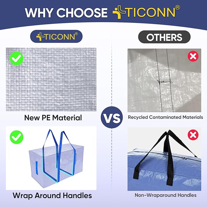 TICONN 4 Pack Extra Large Moving Bags Heavy Duty with Zippers & Carrying Handles, Durable Storage Bags Moving Boxes for Closet Organizers and Storage (4 Pack, Blue)