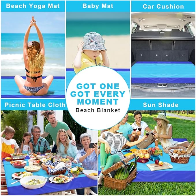 Ainiv Beach Blanket Beach Mat, Sandproof Waterproof Beach Mat, Extra Large 82 * 79 in (5-7 People) Picnic Blanket with 1 Storage Bag, 1 Carabiner & 4 Fixed Nails for Beach, Camping, Hiking, Picnic
