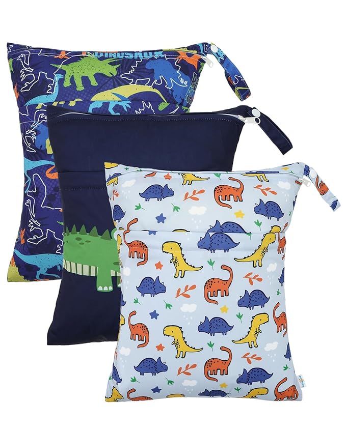 babygoal Dinosaur Wet Dry Bags 3 Pack, Waterproof Travel Bags for Swimsuits, Beach, Pool, Gym,Food Storage and Wet Clothes,3LN40-B