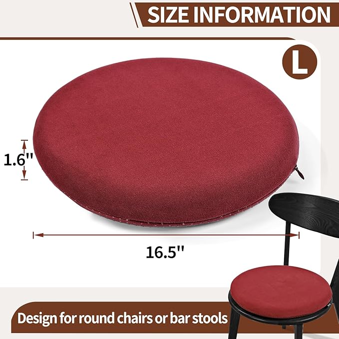 BUYUE Memory Foam Seat Cushion, Dia 16.5" Soft Velvet Round Stool Cushion Anti-Slip Chair Pads, L, Red