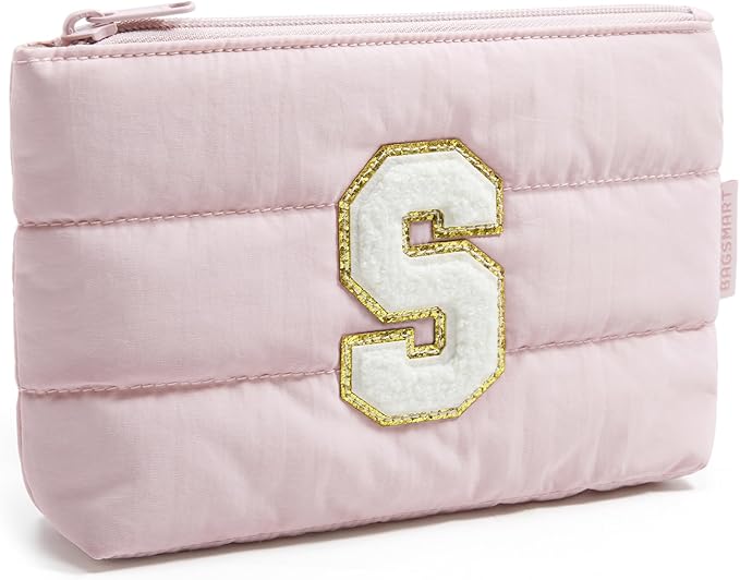 BAGSMART Personalized Makeup Bag with Initial, Pink Small Cosmetic Travel Organizer, Water-Resistant Pouch for Women & Teens for Bridesmaid Graduation (Initial-S, Small)