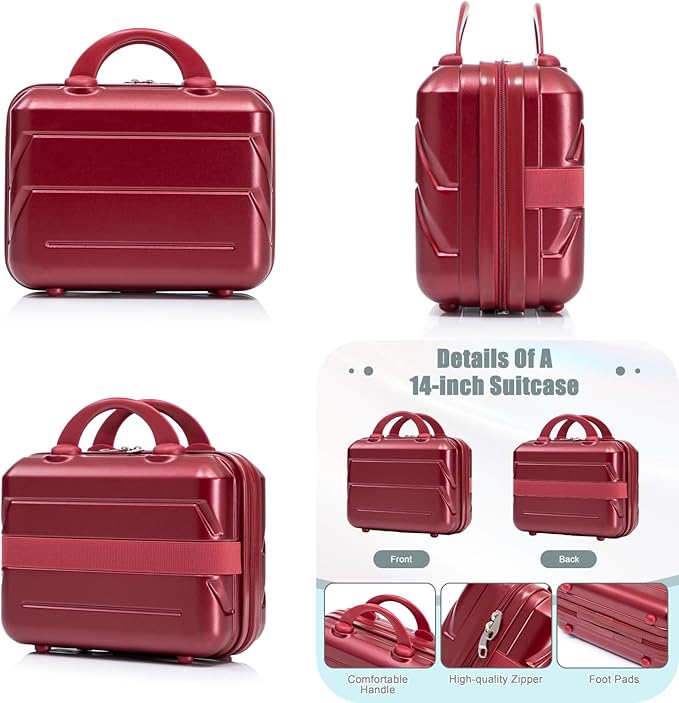 2-Piece ABS Hard Shell Lightweight Carry-On Luggage Set (14" & 20"), 360-Degree Spinner Wheels, Adjustable Telescopic Handle and Combination Lock for Travel, Wine Red