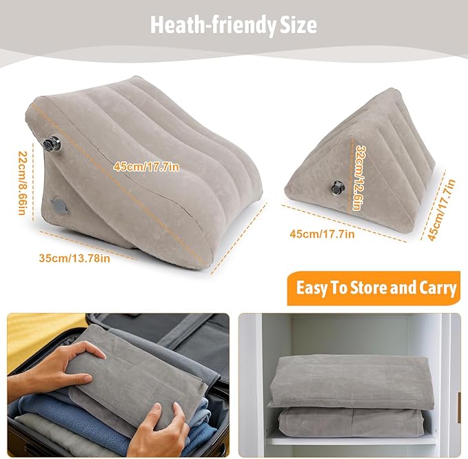 Inflatable Bed Wedge Pillow Set for Sleeping, 2PCS Inflatable Wedge Pillow for Traveling, Adjustable Back Pillow for Bed Sitting up, Reading, After Surgery, Knee & Back Pain, Acid Reflux, GERD, Grey