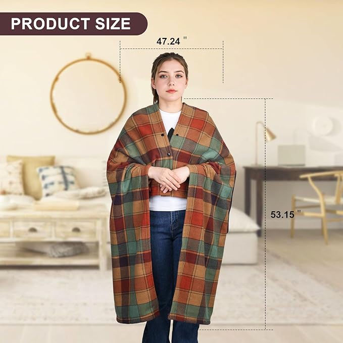 forestfish Wearable Blanket Compact Pillow 2-in-1, Lap Blanket Poncho with Button Plaid Throw Cushion for Home Office Sofa
