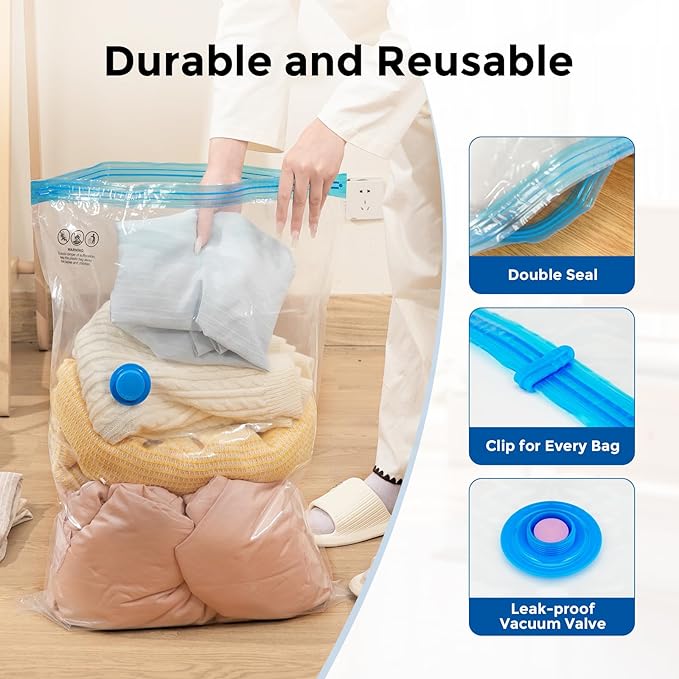 ETENWOLF 12 Pack Vacuum Storage Bags with Rechargeable Wireless Pump, Vacuum Seal Bags for Clothes and Travel, Space Saver Bags in Multiple Carry-On Sizes, Perfect for Luggage and Suitcases