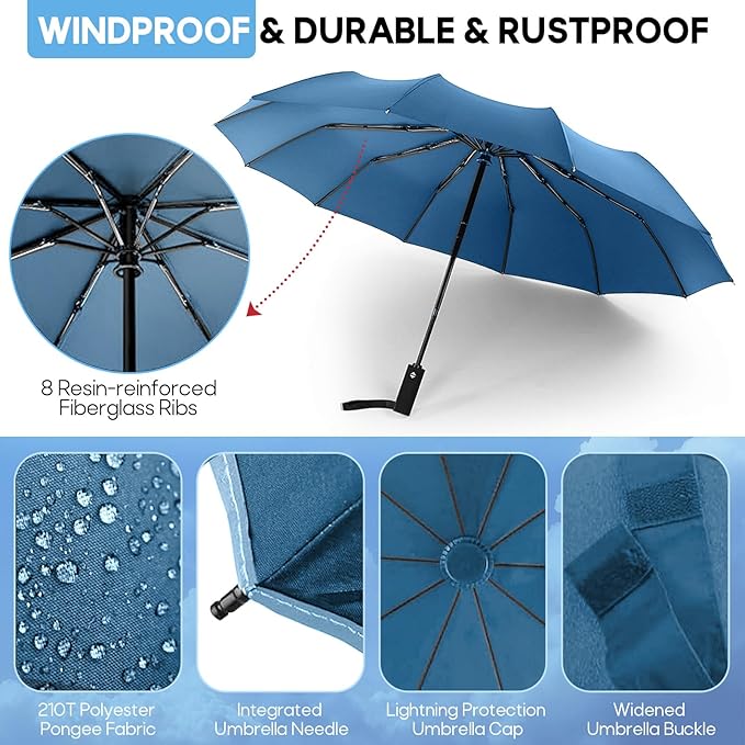 Travel Compact Umbrella, Folding Travel Umbrella for Rain and Shine Small, Windproof Automatic Open/Close, Portable Umbrellas