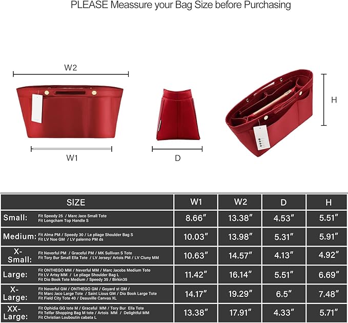 ZTUJO Purse Organizer Insert For Handbags, Silky Bag Organizer With 2 Zippers For Speedy Neverful Tote and More (Red, XX-Large)
