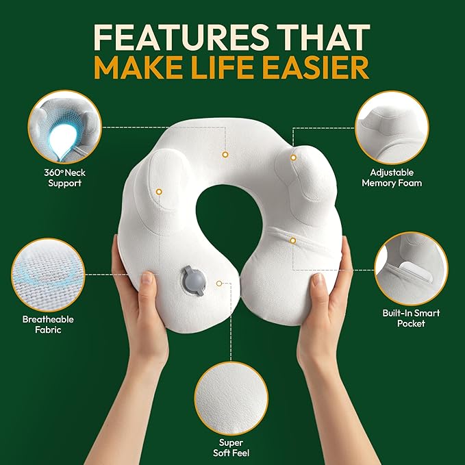 Inflatable Travel Neck Pillow with Adjustable Memory Foam Sides | Lightweight, Soft & Portable Support (Light Gray, Standard)