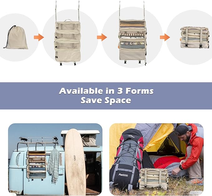 Surblue Travel Hanging Luggage Organizer Portable Suitcase Closet Organizer Multiple Compartments Collapsible Compression Packing Cubes Shelf, Beige, M