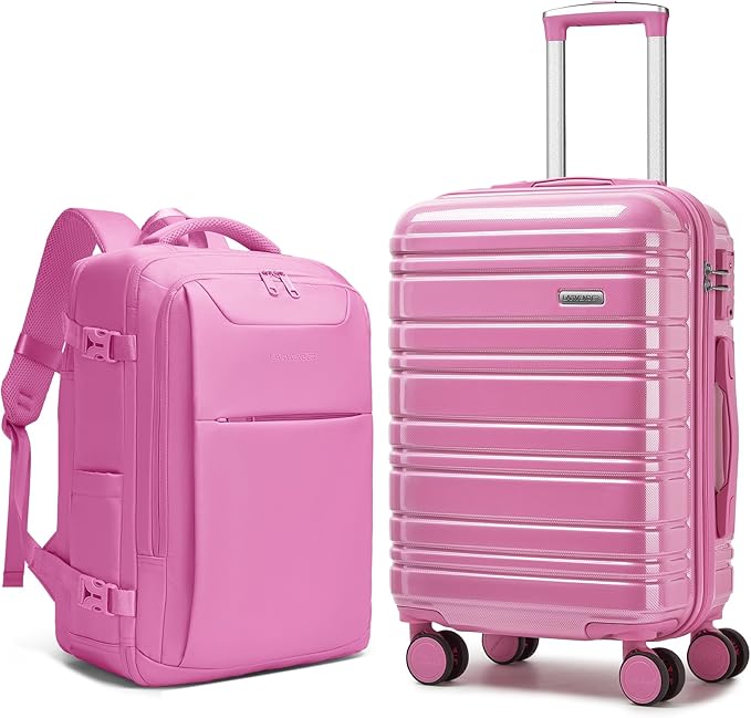 LARVENDER Carry on Luggage 22x14x9 Airline Approved Hardshell Suitcase with Wheels TSA Lock, PC+ABS Lightweight Suitcase Set for Women with Travel Backpack, Glossy Berry