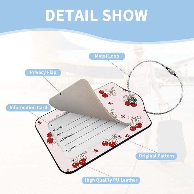 2 Pcs Luggage Tag for Suitcases, Cherry Bows Cute PU Leather Suitcase Tag Privacy Cover ID Label with Metal Loop, Personalized Baggage Identifier for Women Cruise Bag Travel Essentials