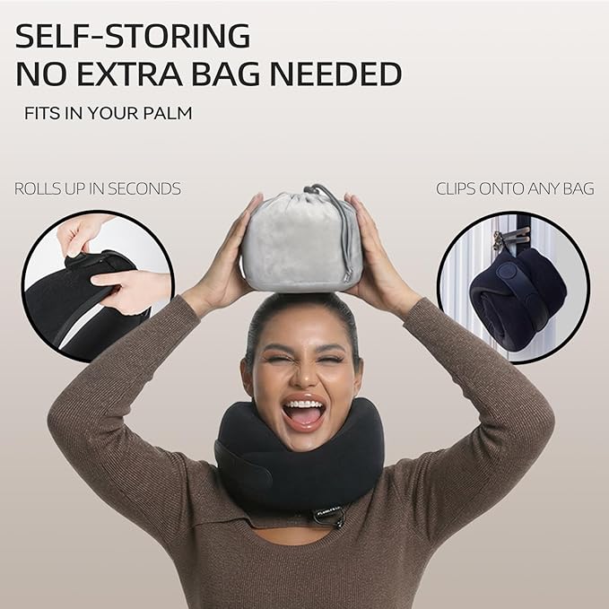 360° Ergonomic Travel Pillow – Self-Storing Memory Foam Neck Pillow for Airplane, Car, and Home – Adjustable, Breathable, Ultra-Compact for Long Flights