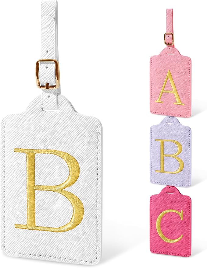 Initial Luggage Tags for Suitcases, Cute Embroidered Letter Luggage Bag Suitcase Identifier Name Baggage Tag, PU Leather Travel Luggage Tags, Bag Tags for Men Women Kids Luggage Handbags(White B)