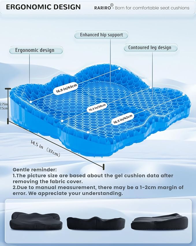 Thickened Gel Seat Cushion, Egg Gel Chair Pads for Wheelchair Pressure Coccyx Sciatica Pain Relief, Cooling Desk Seat Cushion for Kayak, Car, Office Chair Long Sitting[Blue-2.75"]