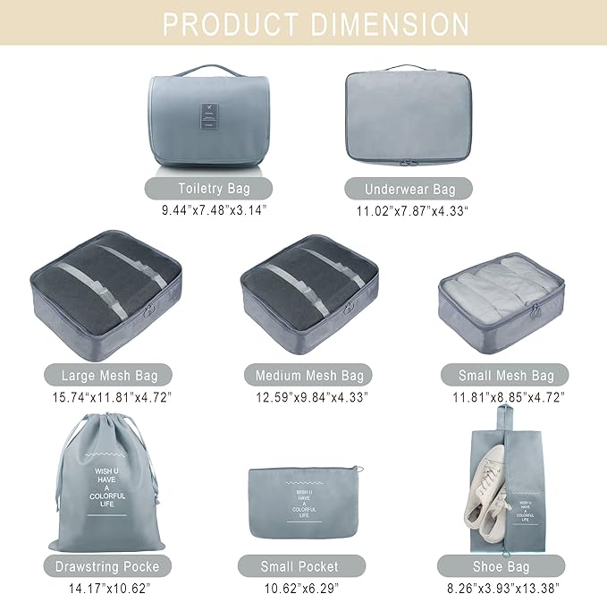 Packing Cubes, 8 Pcs Travel Packing Organizers for Suitcases, Large Capacity Travel Luggage Organizers Set includes 8 Storage Bags for Women or Men (Grey)