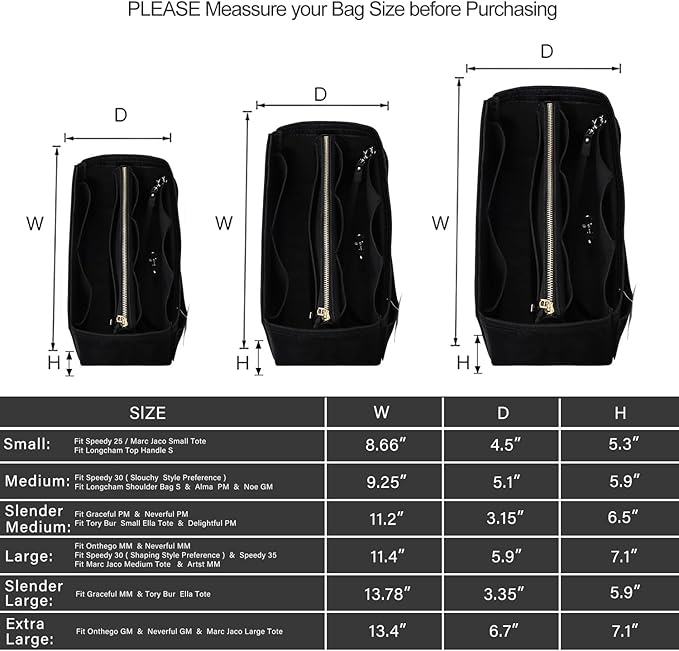 ZTUJO Purse Organizer Insert, Felt Bag Organizer with Metal Zipper, Handbag & Tote Shaper, For Speedy Neverfull Tote, 7 Sizes