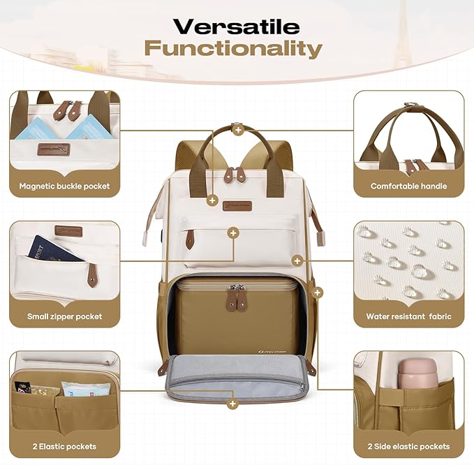 Maelstrom Travel Backpack for Women Men,Laptop Backpack Fits 15.6-17.3 Inch Laptop, Nurse/Work Bag with Insulated Lunch Box (Khaki-beige)