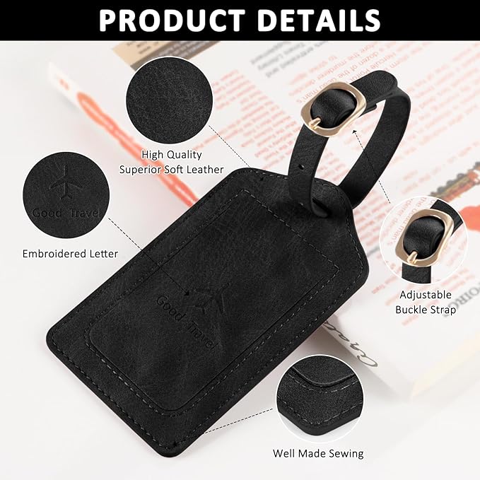 1 Pack Luggage Tag, PU Leather Suitcase Tags Identifiers Privacy Cover ID Label for Travel Bag Suitcase with 2 Pack Luggage Straps for Hats, Bags and Travel Accessories Clip(L-Black)