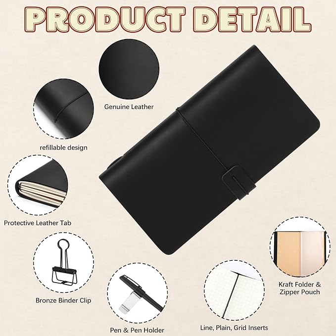 Thenshop Travelers Refillable Leather Journal Notebook Travel Diary Handmade Passport Travelers Journal for Men and Women with 3 Notebook Inserts, Pen Holder, Binder Clip(Black,Stand Size)