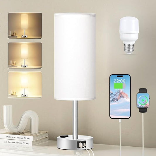White Touch Bedroom Table Lamp - 3 Way Dimmable Bedside Lamp USB C A Charging Ports and AC Outlet, Small Lamp Nightstand with Silver Base for Living Room, Office Desk, LED Bulb Included