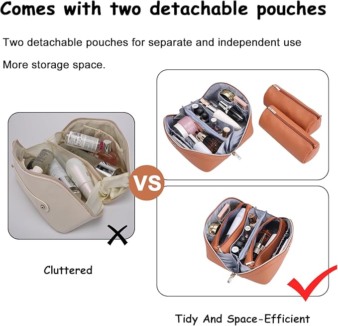 BOYATU Travel Makeup Bag Organizer Cosmetic Bag: 3 Pcs Set Make up Bags for Women with Handle - Waterproof Vegan Leather Toiletry Bags Travel Essentials Pouch with Compartments (C-02-Brown)