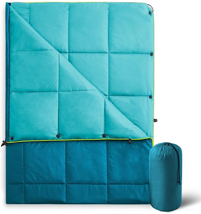 UNIKOME Waterproof Puffy Camping Blanket - Lightweight Packable Outdoor Quilt with Snaps & Corner Loops, Warm Compact Blanket for Cold Weather Hiking Picnic Stadium Travel, 75"×52", Lake Blue&Sky Blue