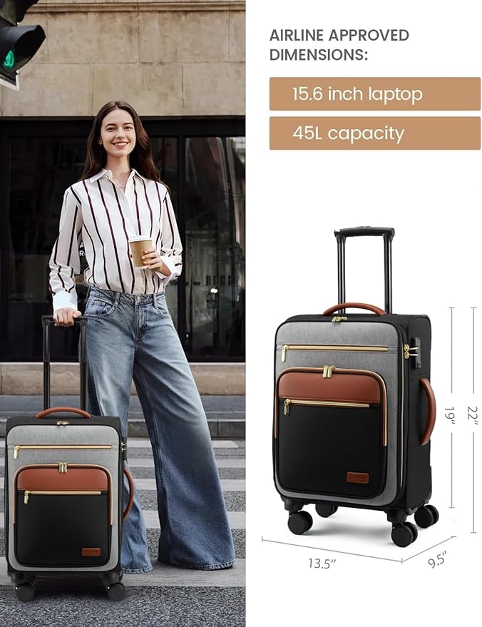 LOVEVOOK Carry on Suitcase 22x14x9 Airline Approved,20 inch Lightweight Waterproof Suitcases with 360° silent swivel wheels, TSA Lock and Compartment, Large Capacity travel Suitcase Black-gray-brown