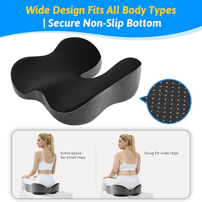 Seat Cushion for Tailbone & Sciatica Pain Relief - Plush Yet Supportive Ergonomic Memory Foam Chair Cushions for Office Chair, Car, Wheelchair,Airplane & Long Sitting