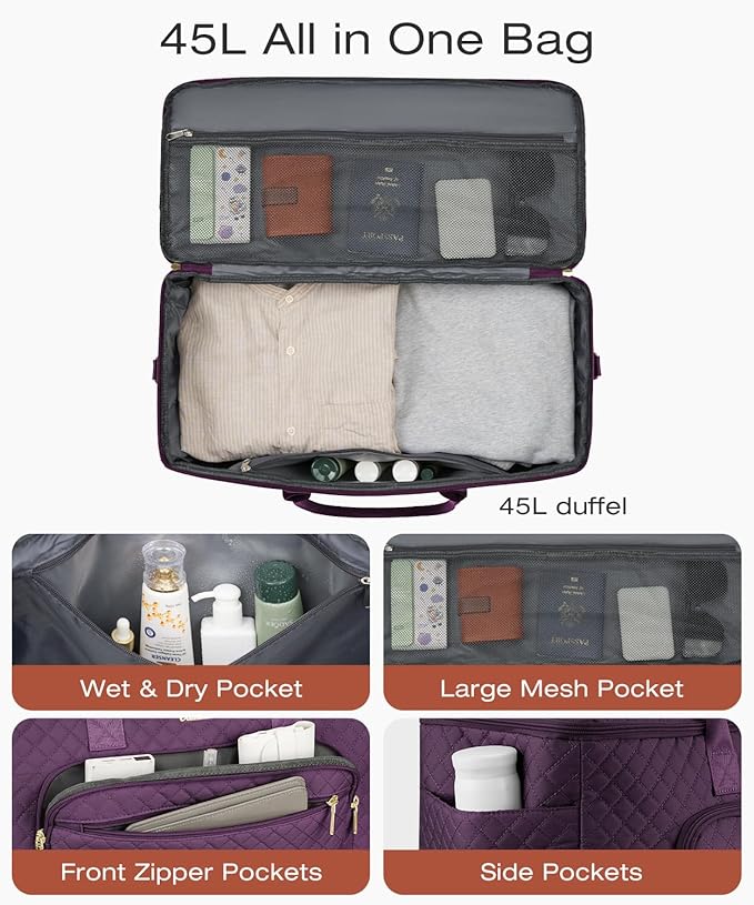 Travel Duffle Bag, Wide Open Large Weekender Bag for Women with Shoe Compartment, Carry on Overnight Bags with Toiletry Bag, Hospital Bag for Women Labor Delivery with Wet Pocket (Dark Purple)